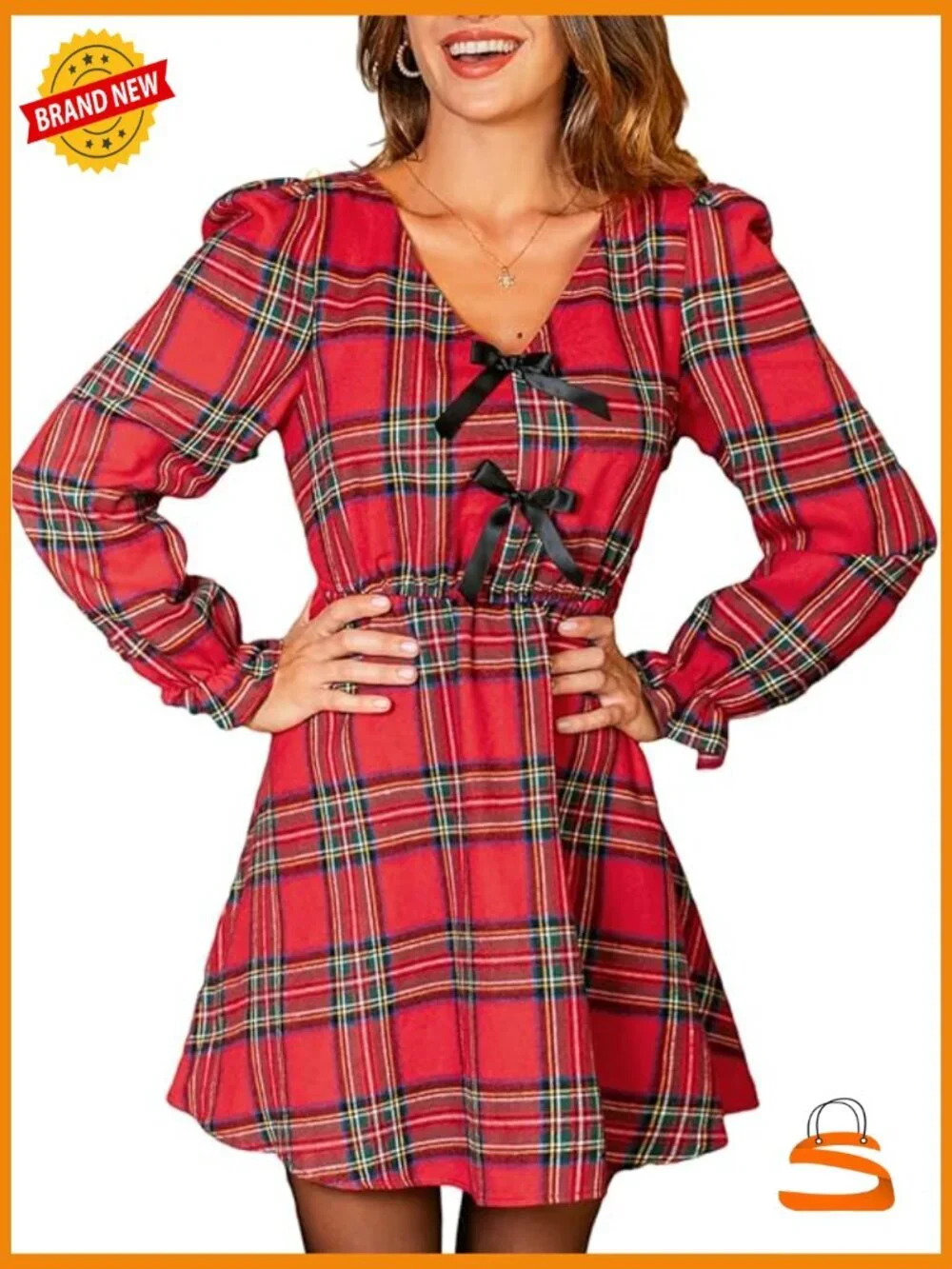 Plaid V Neck Bowknot Long Sleeve Smocked A Line Babydoll Mini Dress
